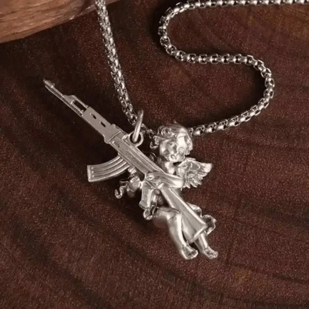 Angel Cherub Cupid AK47 Gun Stainless Steel Pendant Necklace